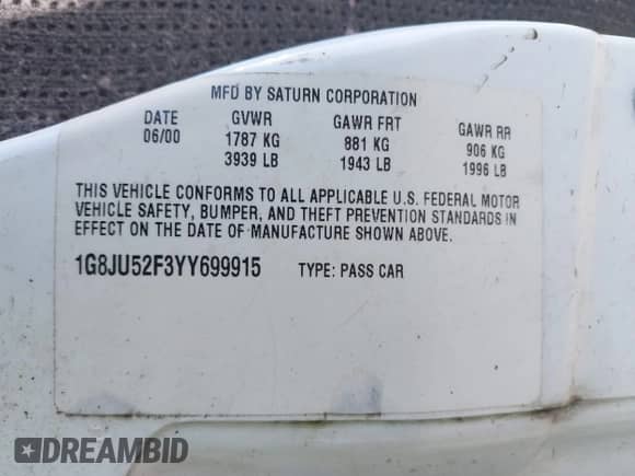 2000 Saturn LS with VIN 1G8JU52F3YY699915, listed as a IAAI auction lot 42180811 with 202,957 mi miles and . Bid and sale history available at DreamBid. Image 9.