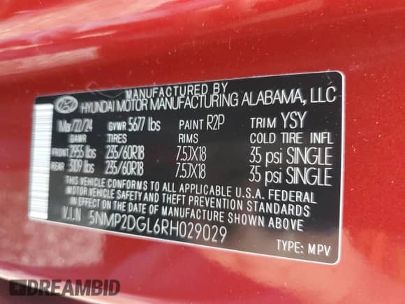 2024 Hyundai Santa Fe SEL с VIN 5NMP2DGL6RH029029, выставлен на аукционе Copart как лот 73913234 с пробегом 3 501 миль миль и Списание • Salvage title. История ставок и продаж доступна на DreamBid. Изображение 14.