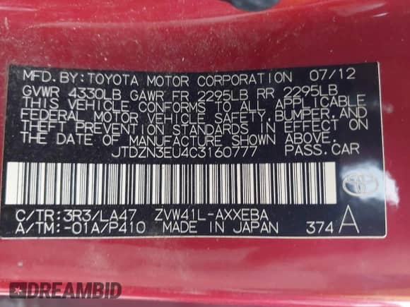 2012 Toyota Prius Two with VIN JTDZN3EU4C3160777, listed as a IAAI auction lot 42275687 with 164,584 mi miles and . Bid and sale history available at DreamBid. Image 9.