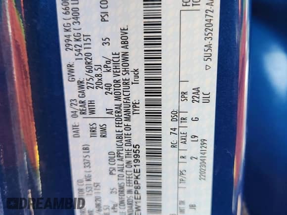 2023 Ford F-150 XL с VIN 1FTEW1EP8PKE19955, выставлен на аукционе Copart как лот 81131895 с пробегом 47 762 миль миль и Списание • Salvage title. История ставок и продаж доступна на DreamBid. Изображение 12.