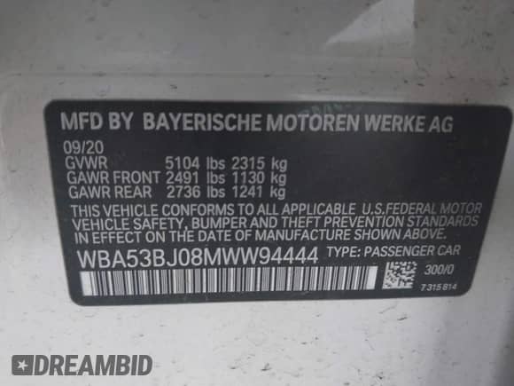 2021 BMW 5 Series 540i с VIN WBA53BJ08MWW94444, выставлен на аукционе IAAI как лот 41924491 с пробегом 58 921 миль миль и . История ставок и продаж доступна на DreamBid. Изображение 9.