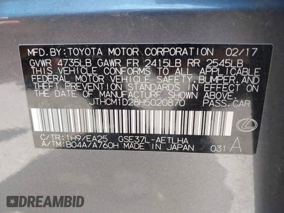 2017 Lexus IS 300 with VIN JTHCM1D28H5020870, listed as a IAAI auction lot 42604457 with 81,744 mi miles and . Bid and sale history available at DreamBid. Image 9.