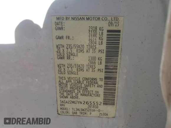 2015 Nissan Murano Platinum with VIN 5N1AZ2MG7FN265552, listed as a IAAI auction lot 41828490 with 211,465 mi miles and . Bid and sale history available at DreamBid. Image 9.