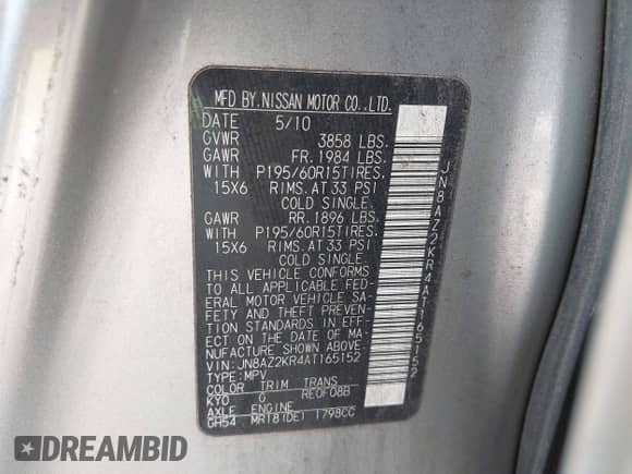 2010 Nissan Cube S Krom Edition с VIN JN8AZ2KR4AT165152, выставлен на аукционе IAAI как лот 42827008 с пробегом 125 343 миль миль и . История ставок и продаж доступна на DreamBid. Изображение 9.