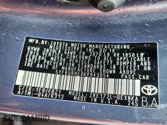 2019 Toyota Corolla L с VIN 5YFBURHEXKP943054, выставлен на аукционе Copart как лот 59735985 с пробегом 123 955 миль миль и На запчасти • Non repairable. История ставок и продаж доступна на DreamBid. Изображение 12.