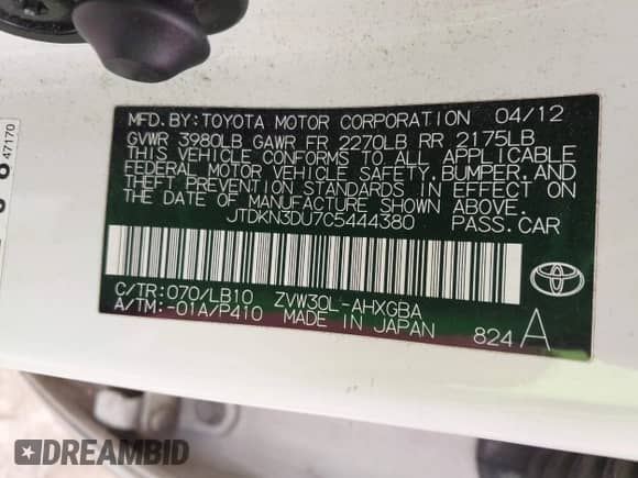 2012 Toyota Prius One с VIN JTDKN3DU7C5444380, выставлен на аукционе IAAI как лот 43339784 с пробегом 210 279 миль миль и . История ставок и продаж доступна на DreamBid. Изображение 9.