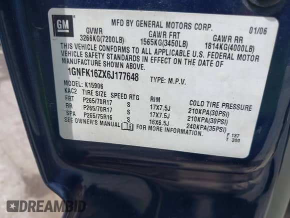 2006 Chevrolet Suburban Z71 with VIN 1GNFK16ZX6J177648, listed as a IAAI auction lot 42555315 with 276,643 mi miles and . Bid and sale history available at DreamBid. Image 9.