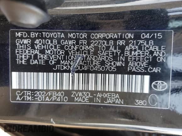 2015 Toyota Prius Four z VIN JTDKN3DU4F0450705, wystawiony jako Copart lot #70707385 z przebiegiem 151 830 mil mil oraz Szkoda całkowita • Salvage title. Historia ofert i sprzedaży dostępna na DreamBid. Obrazek 12.