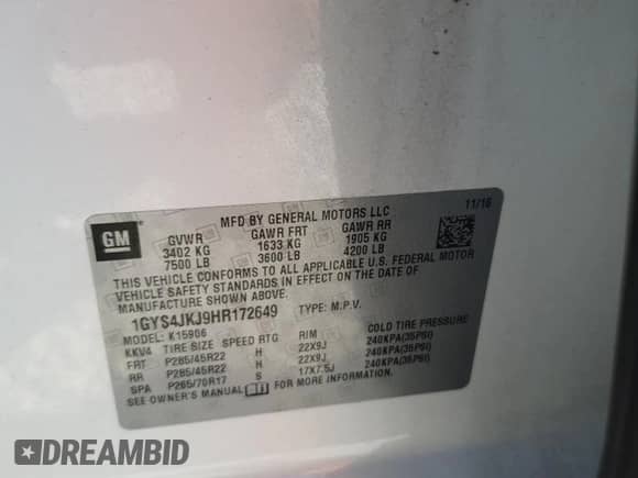 2017 Cadillac Escalade ESV Premium Luxury с VIN 1GYS4JKJ9HR172649, выставлен на аукционе Copart как лот 65895145 с пробегом Не указан миль и Списание • Salvage title. История ставок и продаж доступна на DreamBid. Изображение 13.