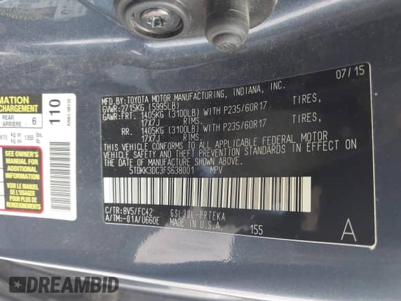 2015 Toyota Sienna LE AAS with VIN 5TDKK3DC3FS638001, listed as a IAAI auction lot 42595168 with 143,301 mi miles and . Bid and sale history available at DreamBid. Image 9.