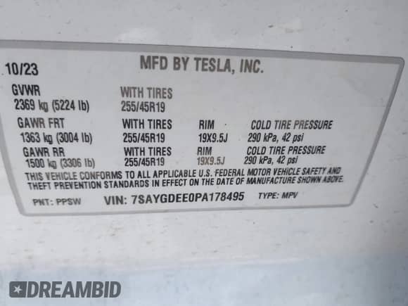 2023 Tesla Model Y Long Range z VIN 7SAYGDEE0PA178495, wystawiony jako IAAI lot #42507571 z przebiegiem 55 840 mil mil oraz . Historia ofert i sprzedaży dostępna na DreamBid. Obrazek 9.