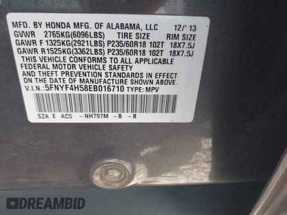 2014 Honda Pilot EX-L z VIN 5FNYF4H58EB016710, wystawiony jako IAAI lot #43349794 z przebiegiem 163 710 mil mil oraz . Historia ofert i sprzedaży dostępna na DreamBid. Obrazek 9.