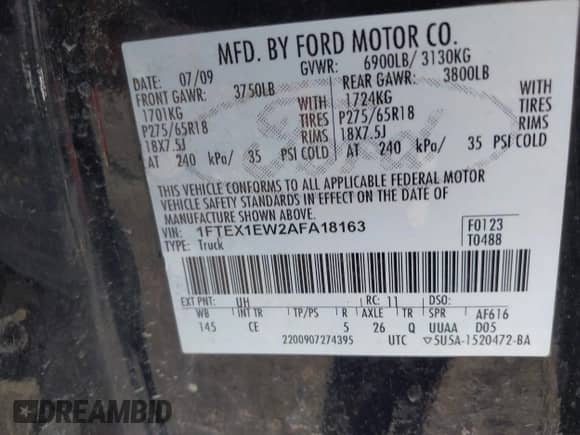 2010 Ford F-150 XL z VIN 1FTEX1EW2AFA18163, wystawiony jako IAAI lot #42295077 z przebiegiem 217 430 mil mil oraz . Historia ofert i sprzedaży dostępna na DreamBid. Obrazek 9.