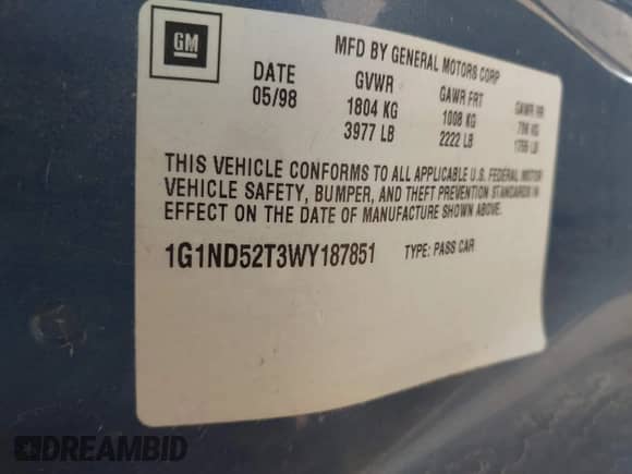 1998 Chevrolet Malibu с VIN 1G1ND52T3WY187851, выставлен на аукционе IAAI как лот 42975608 с пробегом Не указан миль и . История ставок и продаж доступна на DreamBid. Изображение 9.