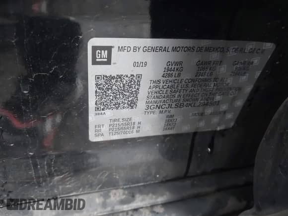 2019 Chevrolet Trax LT с VIN 3GNCJLSB4KL284501, выставлен на аукционе IAAI как лот 43404147 с пробегом 53 331 миль миль и . История ставок и продаж доступна на DreamBid. Изображение 9.