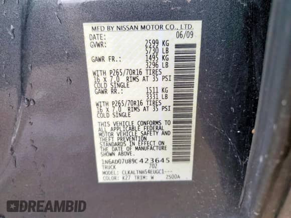 2009 Nissan Frontier SE with VIN 1N6AD07U89C423645, listed as a Copart auction lot 62332865 with 48,210 mi miles and Salvage title. Bid and sale history available at DreamBid. Image 12.