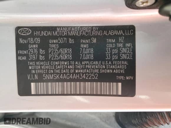 2010 Hyundai Santa Fe Limited с VIN 5NMSK4AG4AH342252, выставлен на аукционе Copart как лот 61027145 с пробегом 137 178 миль миль и Списание • Salvage title. История ставок и продаж доступна на DreamBid. Изображение 12.