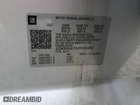 2018 Chevrolet Suburban Commercial with VIN 1GNSKKEC8JR195903, listed as a Copart auction lot 54594375 with 175,973 mi miles and Salvage title. Bid and sale history available at DreamBid. Image 14.