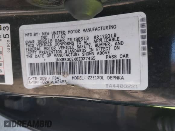 2008 Toyota Corolla CE с VIN 1NXBR30EX8Z037455, выставлен на аукционе IAAI как лот 41993896 с пробегом 201 063 миль миль и . История ставок и продаж доступна на DreamBid. Изображение 9.