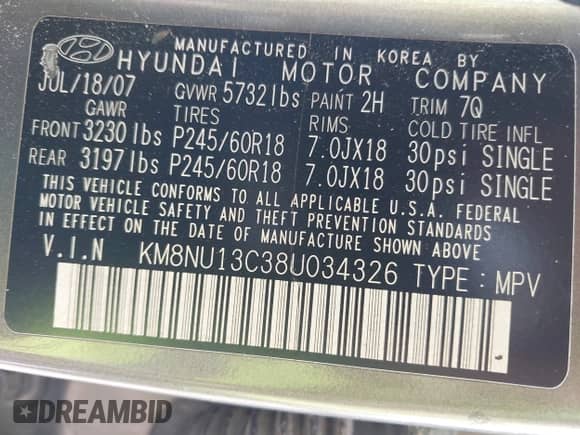 2008 Hyundai Veracruz GLS with VIN KM8NU13C38U034326, listed as a IAAI auction lot 42762956 with 216,326 mi miles and . Bid and sale history available at DreamBid. Image 9.
