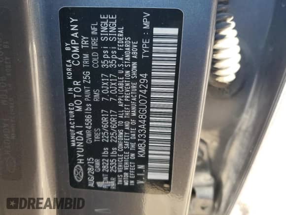 2016 Hyundai Tucson SE with VIN KM8J33A48GU074294, listed as a Copart auction lot 86586655 with Not provided miles and Clean title. Bid and sale history available at DreamBid. Image 13.