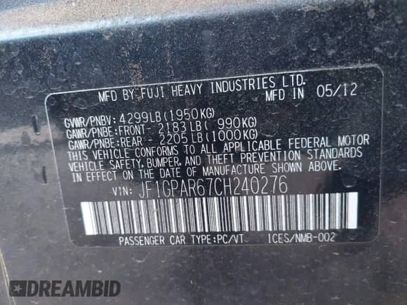 2012 Subaru Impreza Special Sports Limited z VIN JF1GPAR67CH240276, wystawiony jako IAAI lot #43184711 z przebiegiem 175 921 mil mil oraz . Historia ofert i sprzedaży dostępna na DreamBid. Obrazek 9.