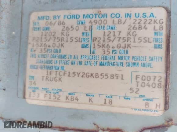 1986 Ford F-150 z VIN 1FTCF15Y2GKB55891, wystawiony jako IAAI lot #42961014 z przebiegiem 32 879 mil mil oraz . Historia ofert i sprzedaży dostępna na DreamBid. Obrazek 9.