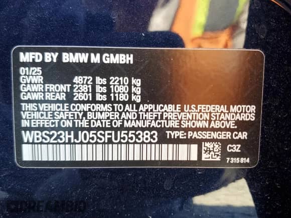 2025 BMW M3 z VIN WBS23HJ05SFU55383, wystawiony jako Copart lot #53920305 z przebiegiem 18 mil mil oraz Szkoda całkowita • Salvage title. Historia ofert i sprzedaży dostępna na DreamBid. Obrazek 13.