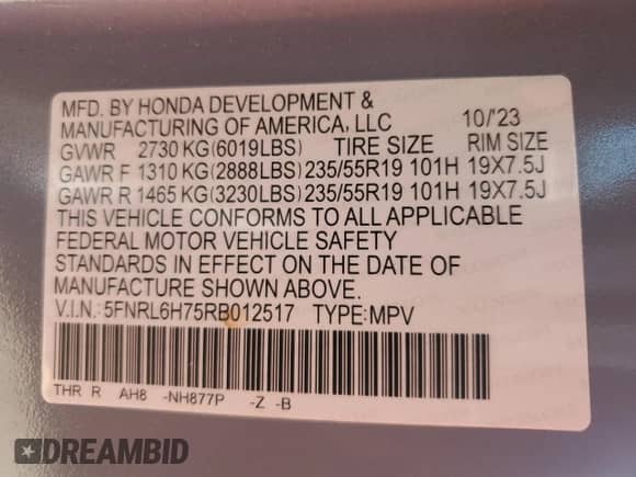 2024 Honda Odyssey Sport z VIN 5FNRL6H75RB012517, wystawiony jako Copart lot #65740015 z przebiegiem 22 616 mil mil oraz Szkoda całkowita • Salvage title. Historia ofert i sprzedaży dostępna na DreamBid. Obrazek 12.