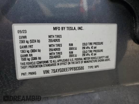 2023 Tesla Model Y Long Range с VIN 7SAYGDEE7PF883586, выставлен на аукционе Copart как лот 83939625 с пробегом 33 295 миль миль и Списание • Salvage title. История ставок и продаж доступна на DreamBid. Изображение 13.