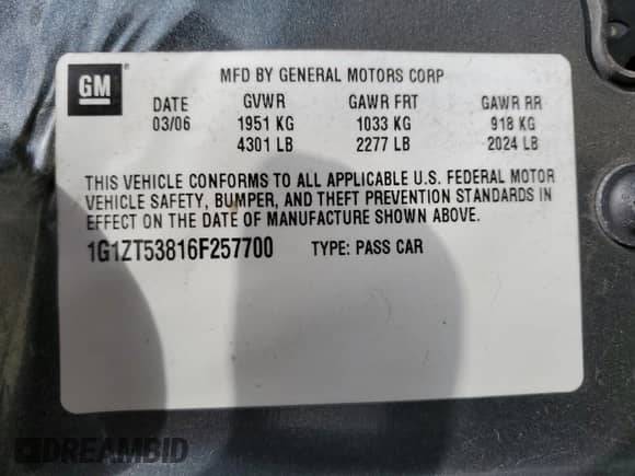 2006 Chevrolet Malibu 2LT с VIN 1G1ZT53816F257700, выставлен на аукционе Copart как лот 71530635 с пробегом 162 446 миль миль и На запчасти • Non repairable. История ставок и продаж доступна на DreamBid. Изображение 12.