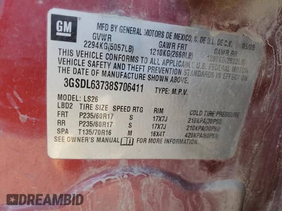 2008 Saturn VUE XR с VIN 3GSDL63738S706411, выставлен на аукционе Copart как лот 78259364 с пробегом 172 995 миль миль и Списание • Salvage title. История ставок и продаж доступна на DreamBid. Изображение 13.