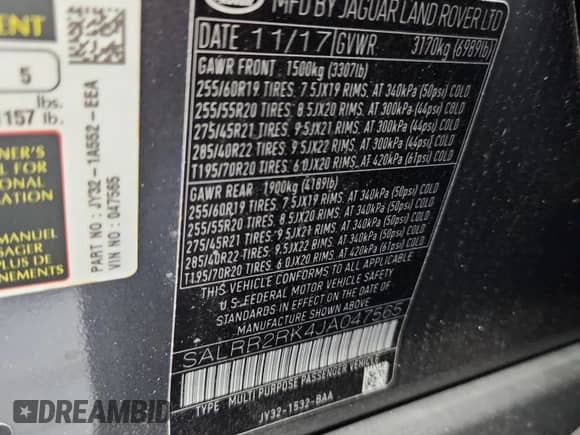 2018 Land Rover Discovery HSE with VIN SALRR2RK4JA047565, listed as a Copart auction lot 64232735 with 52,979 mi miles and Salvage title. Bid and sale history available at DreamBid. Image 14.