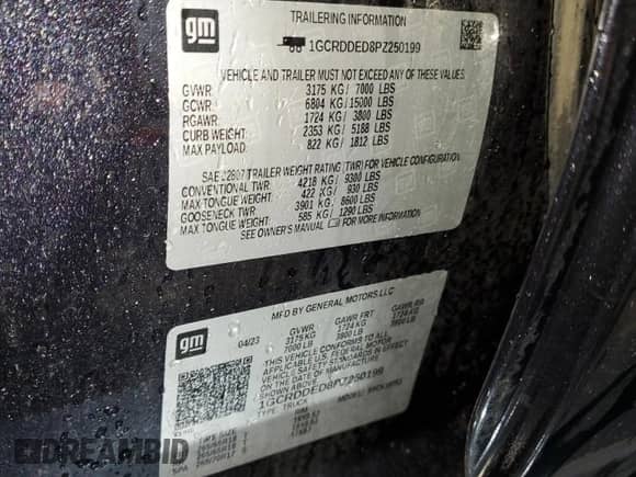 2023 Chevrolet Silverado 1500 LT with VIN 1GCRDDED8PZ250199, listed as a Copart auction lot 66162265 with Not provided miles and Salvage title. Bid and sale history available at DreamBid. Image 12.