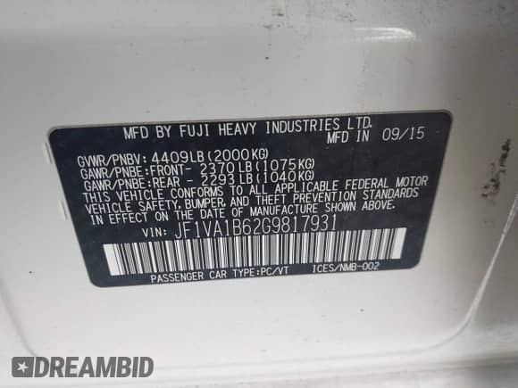 2016 Subaru WRX with VIN JF1VA1B62G9817931, listed as a IAAI auction lot 42381603 with 82,942 mi miles and . Bid and sale history available at DreamBid. Image 9.