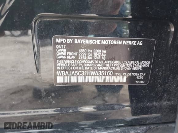 2017 BMW 5 Series 530i с VIN WBAJA5C31HWA35160, выставлен на аукционе IAAI как лот 42405681 с пробегом 100 630 миль миль и . История ставок и продаж доступна на DreamBid. Изображение 9.