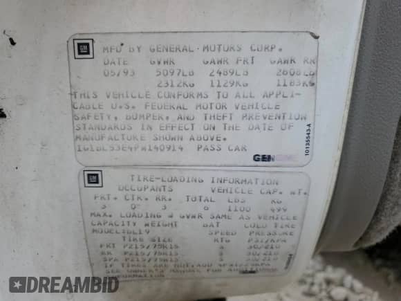 1993 Chevrolet Caprice Classic с VIN 1G1BL53E4PW140914, выставлен на аукционе Copart как лот 69377335 с пробегом 150 350 миль миль и Списание • Salvage title. История ставок и продаж доступна на DreamBid. Изображение 12.