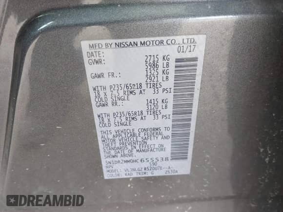 2017 Nissan Pathfinder SV with VIN 5N1DR2MM0HC655538, listed as a IAAI auction lot 42083473 with 92,796 mi miles and . Bid and sale history available at DreamBid. Image 9.