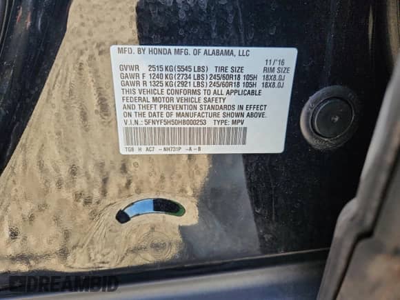 2017 Honda Pilot EX-L with VIN 5FNYF5H50HB000253, listed as a Copart auction lot 84257595 with 116,710 mi miles and Salvage title. Bid and sale history available at DreamBid. Image 13.