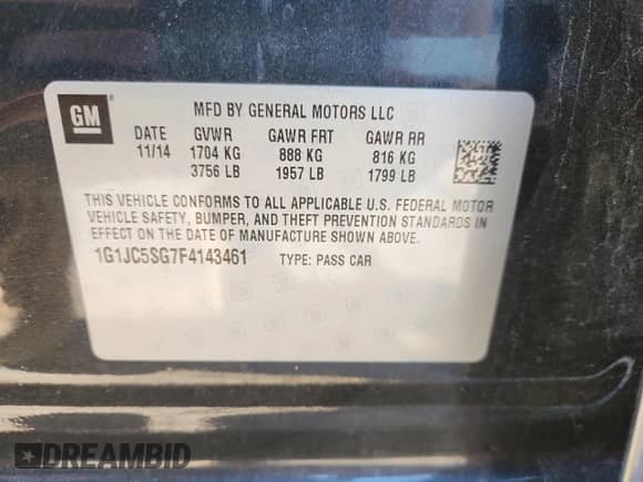 2015 Chevrolet Sonic LT with VIN 1G1JC5SG7F4143461, listed as a Copart auction lot 81976365 with 83,258 mi miles and Salvage title. Bid and sale history available at DreamBid. Image 12.