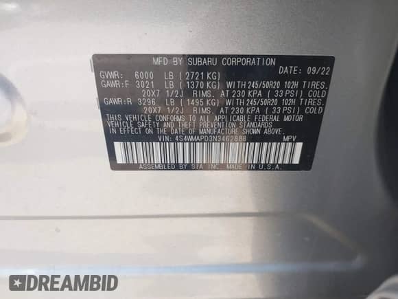 2022 Subaru Ascent Limited с VIN 4S4WMAPD3N3462888, выставлен на аукционе IAAI как лот 42869106 с пробегом 31 319 миль миль и . История ставок и продаж доступна на DreamBid. Изображение 9.