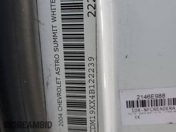 2004 Chevrolet Astro Cargo с VIN 1GCDM19XX4B122239, выставлен на аукционе Copart как лот 62822295 с пробегом 120 145 миль миль и Списание • Salvage title. История ставок и продаж доступна на DreamBid. Изображение 13.
