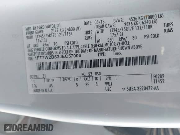 2018 Ford F-250 XL с VIN 1FT7W2B63JEC57006, выставлен на аукционе IAAI как лот 41675680 с пробегом 146 247 миль миль и . История ставок и продаж доступна на DreamBid. Изображение 9.