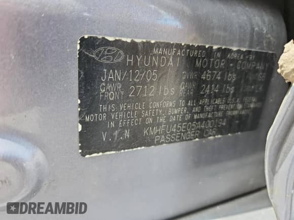 2005 Hyundai XG с VIN KMHFU45E05A400194, выставлен на аукционе Copart как лот 70053705 с пробегом 84 532 миль миль и Списание • Salvage title. История ставок и продаж доступна на DreamBid. Изображение 12.