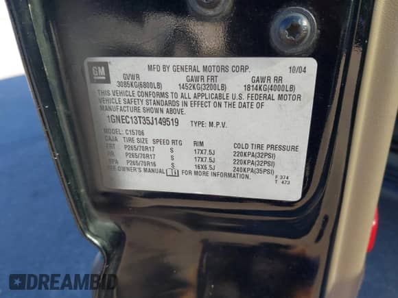 2005 Chevrolet Tahoe LS с VIN 1GNEC13T35J149519, выставлен на аукционе IAAI как лот 41552435 с пробегом 246 734 миль миль и . История ставок и продаж доступна на DreamBid. Изображение 9.