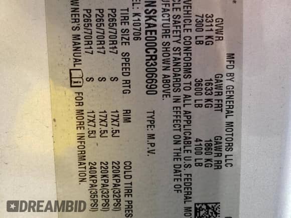 2012 Chevrolet Tahoe LS with VIN 1GNSKAE00CR306690, listed as a Copart auction lot 71126505 with 226,406 mi miles and Salvage title. Bid and sale history available at DreamBid. Image 13.