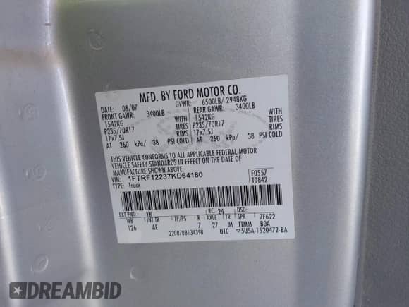 2007 Ford F-150 XL с VIN 1FTRF12237KD64180, выставлен на аукционе IAAI как лот 43519172 с пробегом 332 957 миль миль и . История ставок и продаж доступна на DreamBid. Изображение 9.