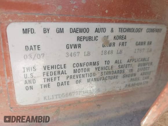 2007 Chevrolet Aveo LS z VIN KL1TD56677B163356, wystawiony jako IAAI lot #42488257 z przebiegiem 158 109 mil mil oraz . Historia ofert i sprzedaży dostępna na DreamBid. Obrazek 9.