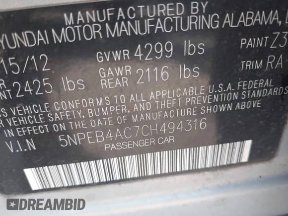 2012 Hyundai Sonata GLS z VIN 5NPEB4AC7CH494316, wystawiony jako IAAI lot #43301046 z przebiegiem 176 152 mil mil oraz . Historia ofert i sprzedaży dostępna na DreamBid. Obrazek 9.