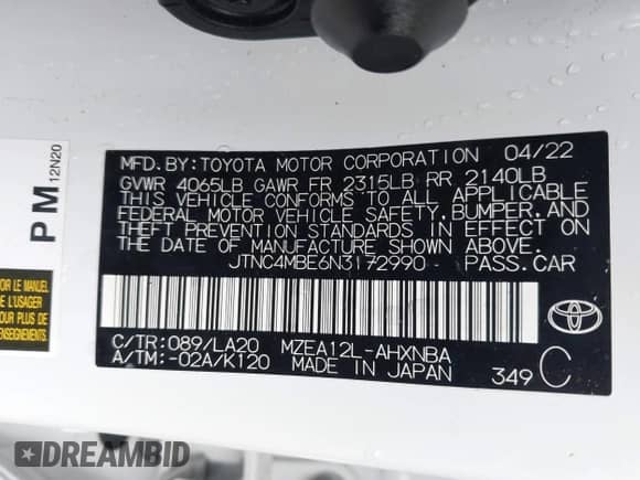 2022 Toyota Corolla XSE с VIN JTNC4MBE6N3172990, выставлен на аукционе IAAI как лот 42181824 с пробегом Не указан миль и . История ставок и продаж доступна на DreamBid. Изображение 9.